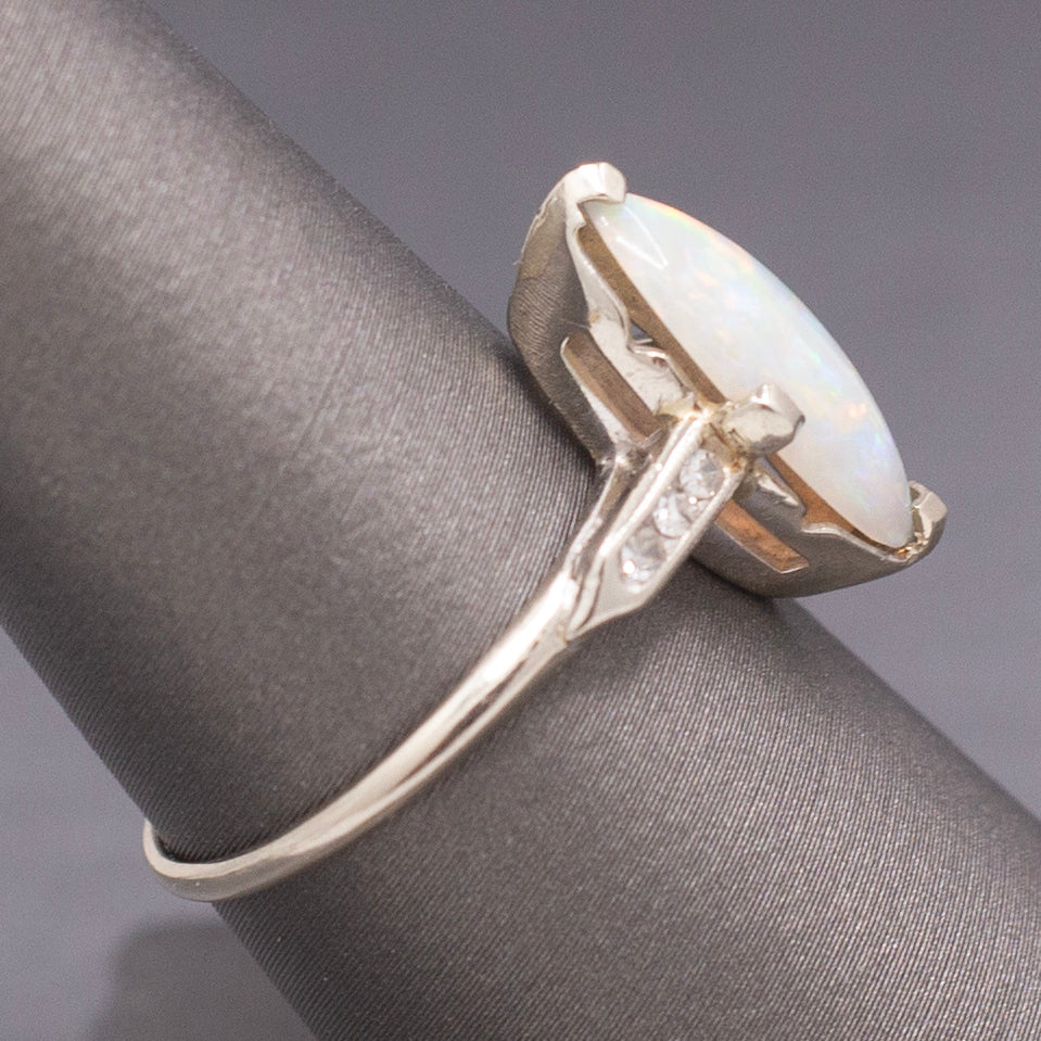 Late Art Deco Colorful Australian Opal and Diamond Ring in White Gold