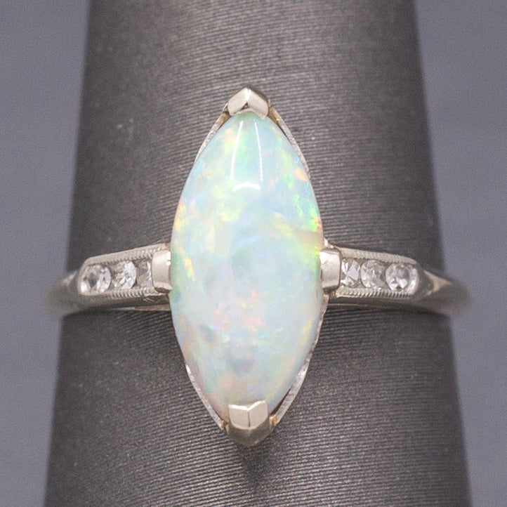 Late Art Deco Colorful Australian Opal and Diamond Ring in White Gold