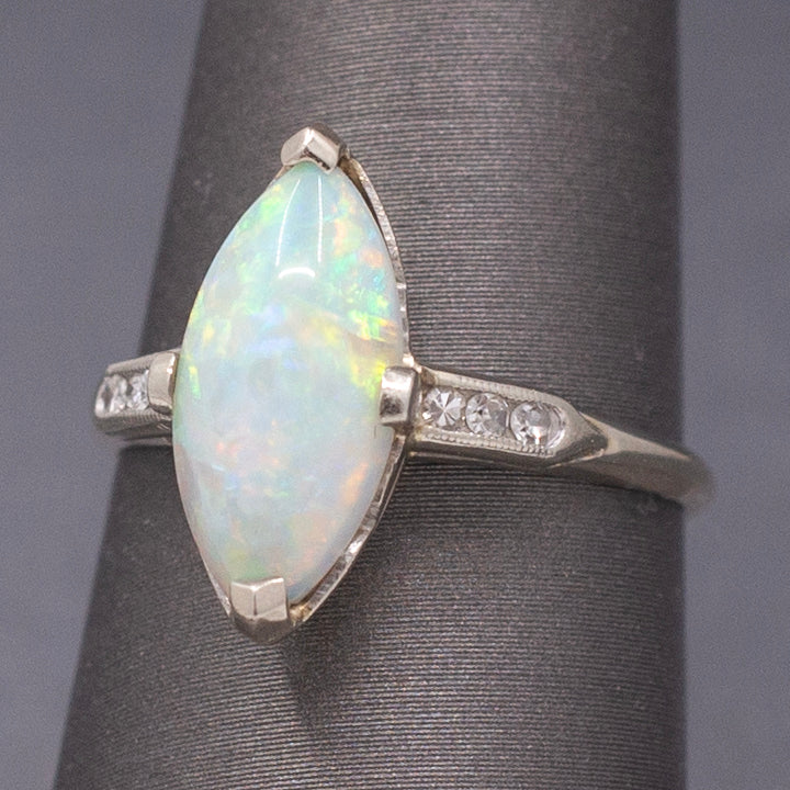 Late Art Deco Colorful Australian Opal and Diamond Ring in White Gold