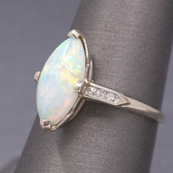 Late Art Deco Colorful Australian Opal and Diamond Ring in White Gold