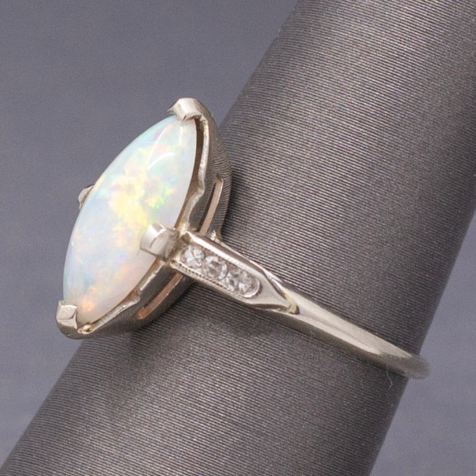 Late Art Deco Colorful Australian Opal and Diamond Ring in White Gold