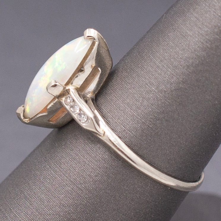 Late Art Deco Colorful Australian Opal and Diamond Ring in White Gold