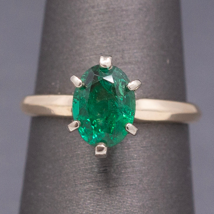 Vivid Sparkling Natural Oval Cut Emerald Solitaire Ring in 14k Yellow Gold