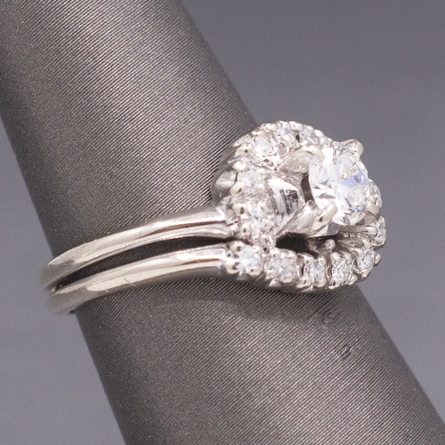 Vintage Round Diamond Bypass Wedding Ring Set in 14k White Gold