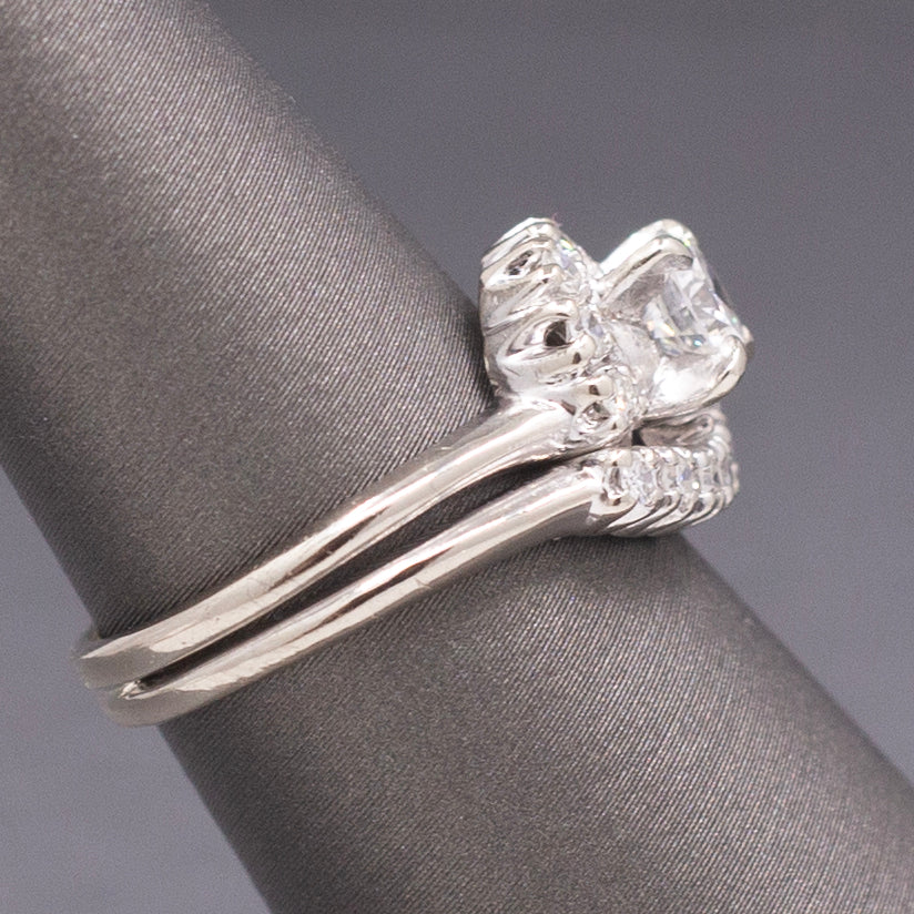 Vintage Round Diamond Bypass Wedding Ring Set in 14k White Gold