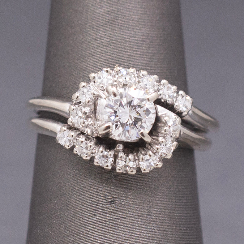 Vintage Round Diamond Bypass Wedding Ring Set in 14k White Gold