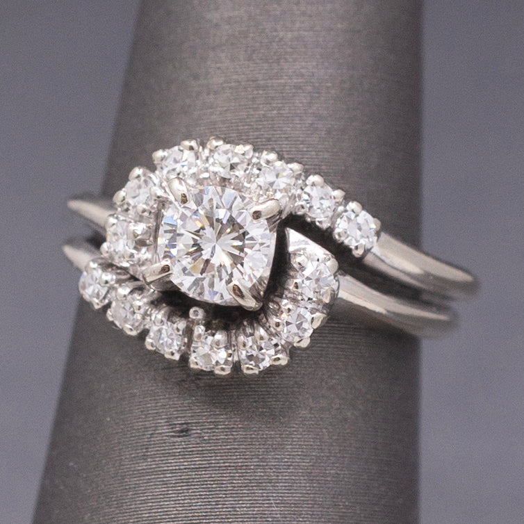 Vintage Round Diamond Bypass Wedding Ring Set in 14k White Gold