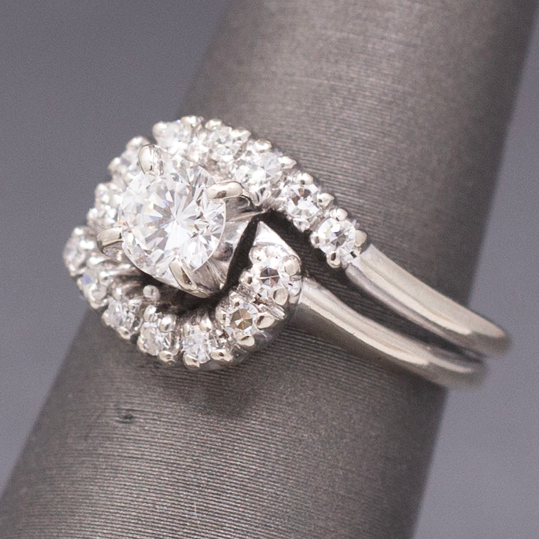 Vintage Round Diamond Bypass Wedding Ring Set in 14k White Gold