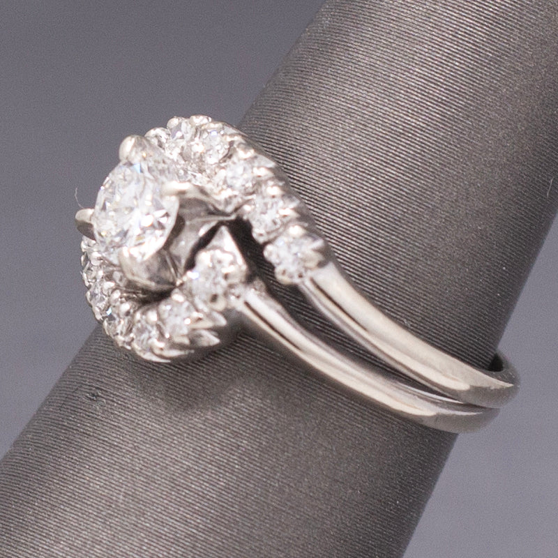 Vintage Round Diamond Bypass Wedding Ring Set in 14k White Gold