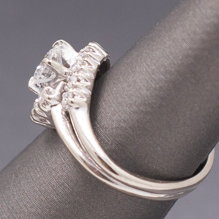 Vintage Round Diamond Bypass Wedding Ring Set in 14k White Gold