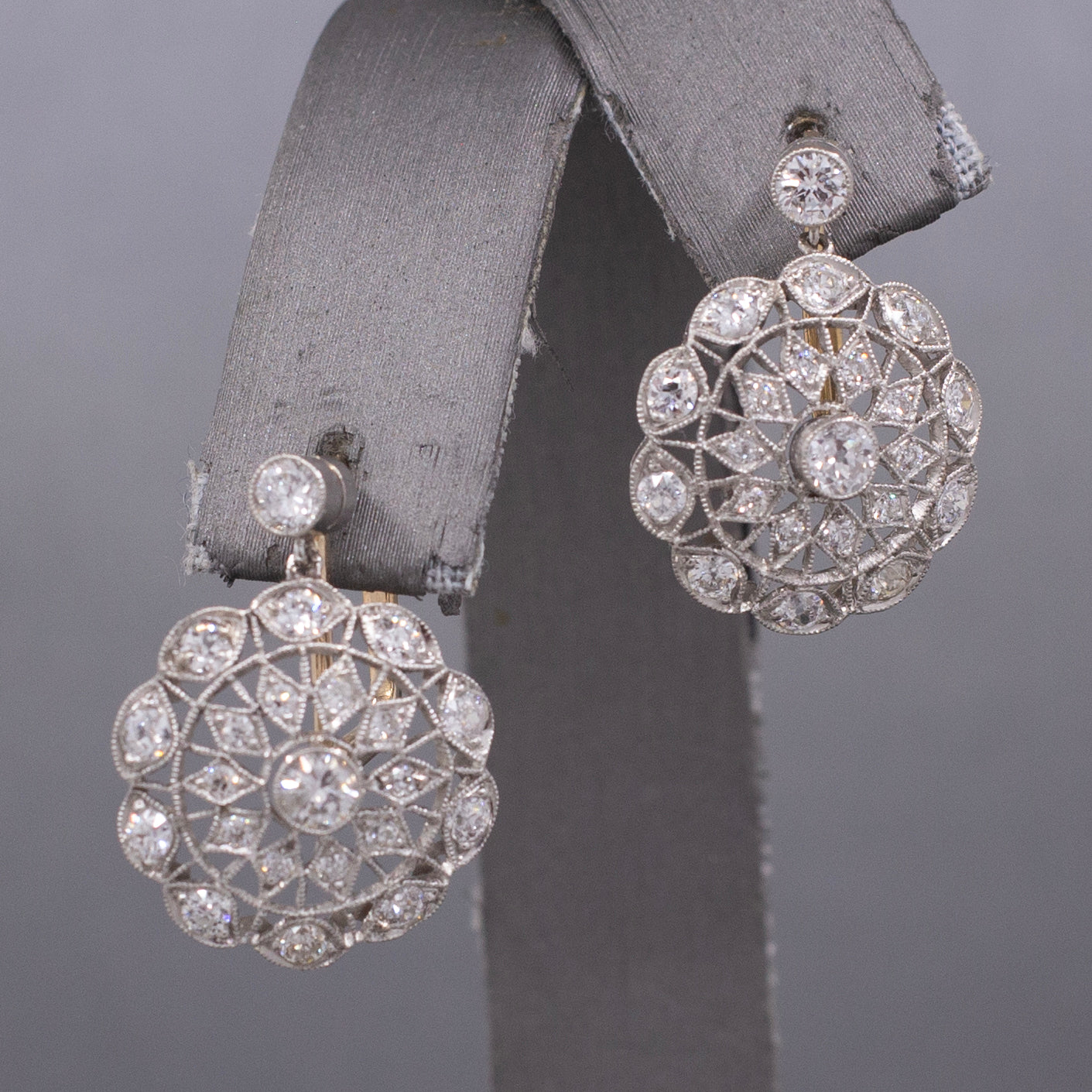 Antique Edwardian Diamond Lace Filigree Drop Earrings in 18k Yellow and White Gold