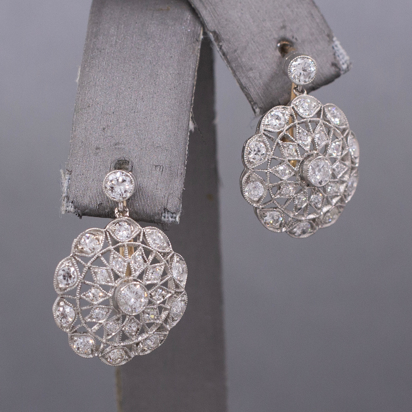 Antique Edwardian Diamond Lace Filigree Drop Earrings in 18k Yellow and White Gold