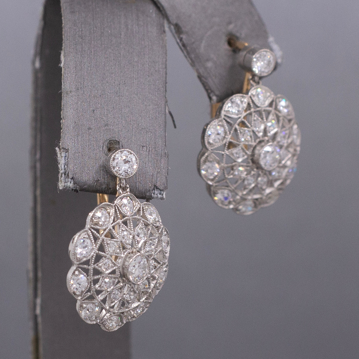 Antique Edwardian Diamond Lace Filigree Drop Earrings in 18k Yellow and White Gold