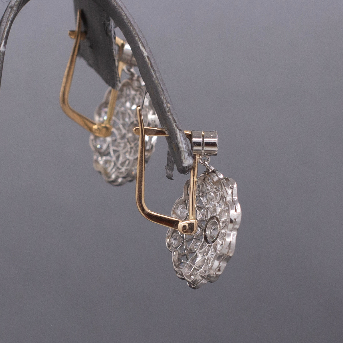 Antique Edwardian Diamond Lace Filigree Drop Earrings in 18k Yellow and White Gold