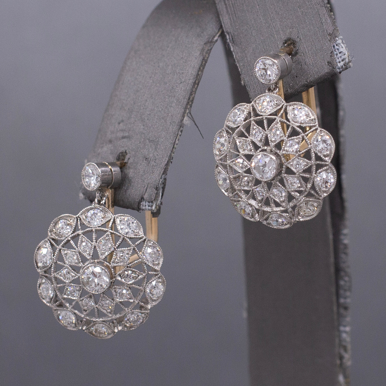 Antique Edwardian Diamond Lace Filigree Drop Earrings in 18k Yellow and White Gold