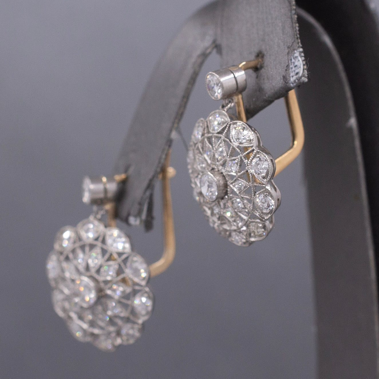 Antique Edwardian Diamond Lace Filigree Drop Earrings in 18k Yellow and White Gold
