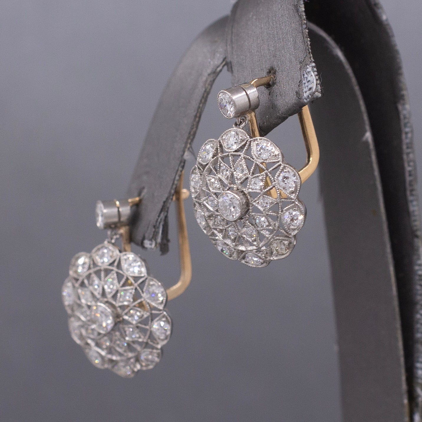 Antique Edwardian Diamond Lace Filigree Drop Earrings in 18k Yellow and White Gold