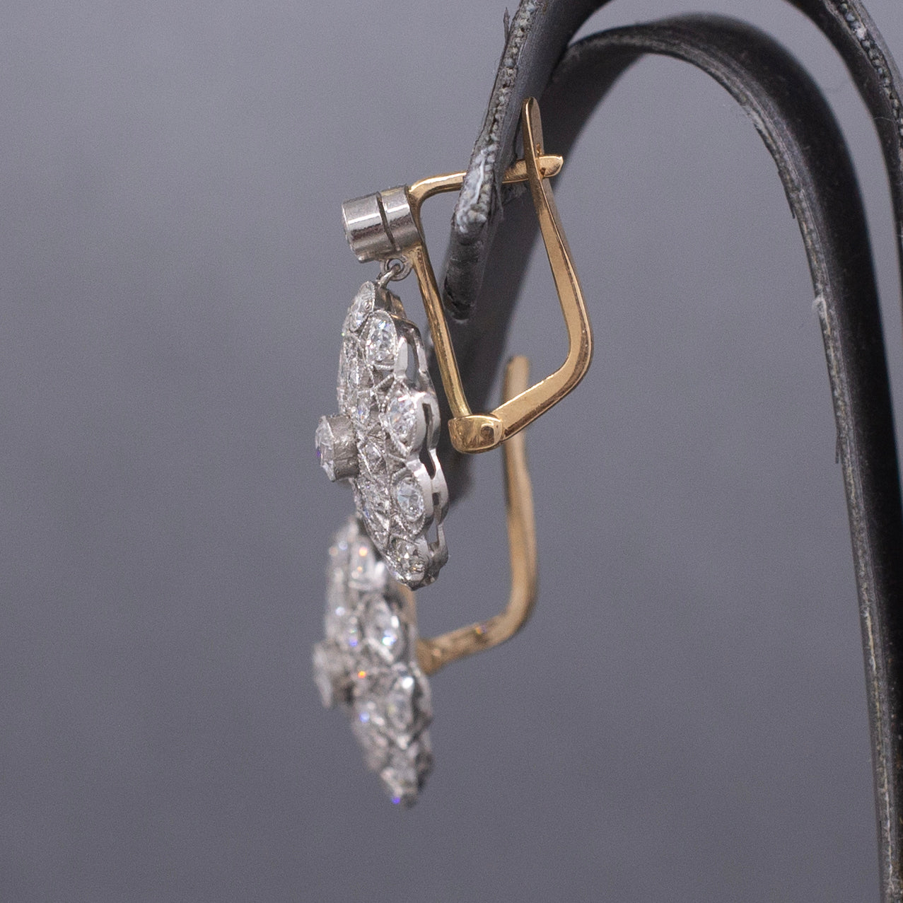 Antique Edwardian Diamond Lace Filigree Drop Earrings in 18k Yellow and White Gold