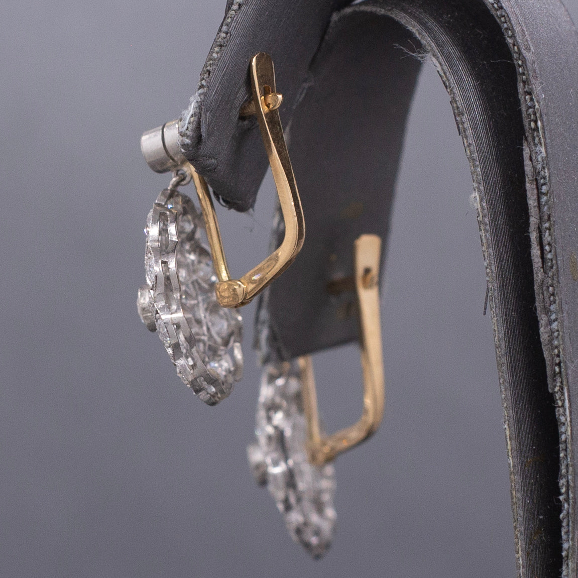 Antique Edwardian Diamond Lace Filigree Drop Earrings in 18k Yellow and White Gold