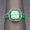 Vintage Old Mine Cut Diamond and Natural Emerald Engagement Ring in 14k White Gold