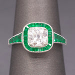 Vintage Old Mine Cut Diamond and Natural Emerald Engagement Ring in 14k White Gold
