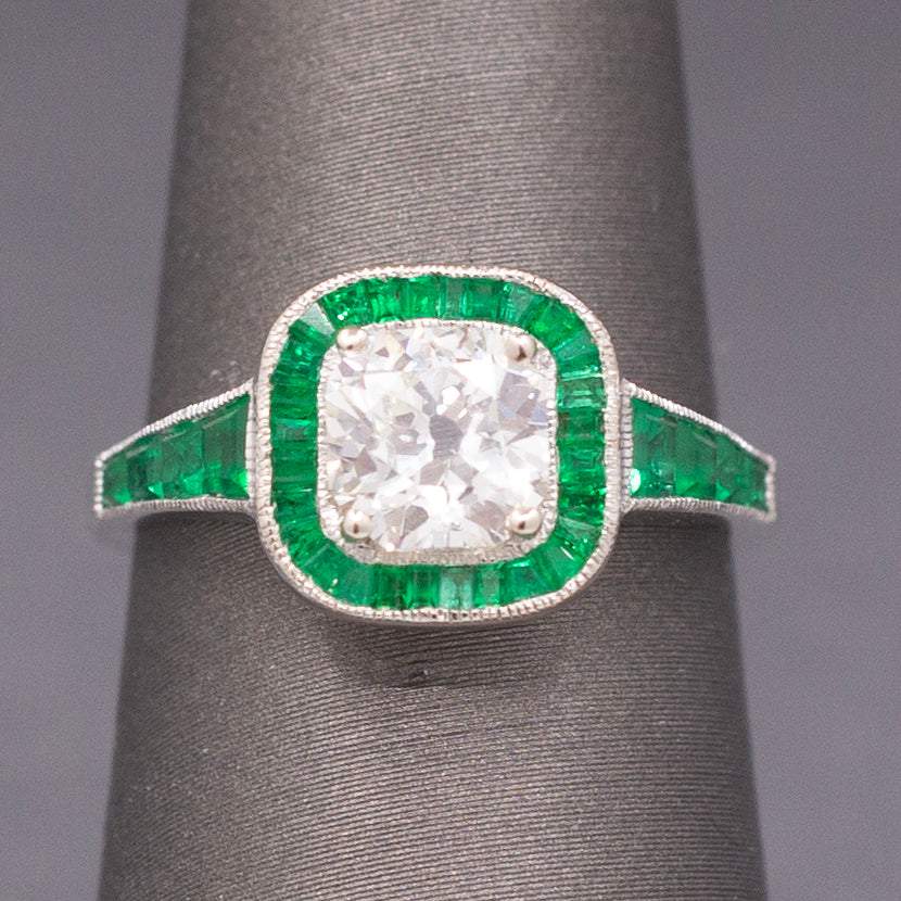 Vintage Old Mine Cut Diamond and Natural Emerald Engagement Ring in 14k White Gold