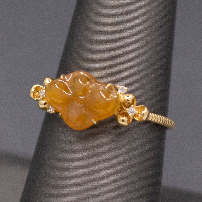 Petite Golden Jade Jadeite and Diamond Carved Flower Ring in 18k Yellow Gold