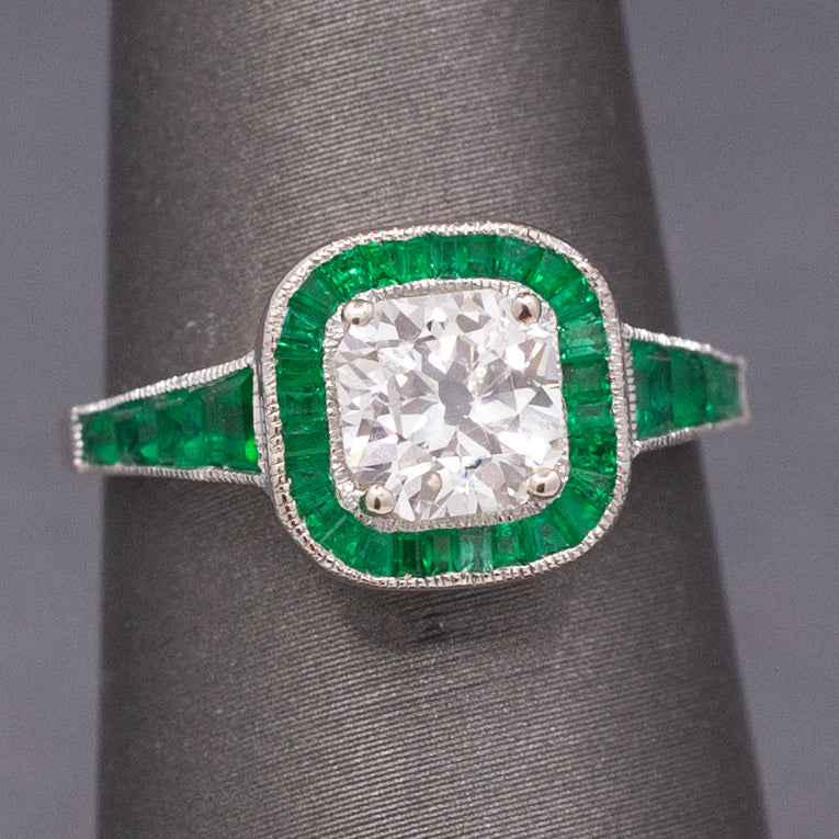 Vintage Old Mine Cut Diamond and Natural Emerald Engagement Ring in 14k White Gold