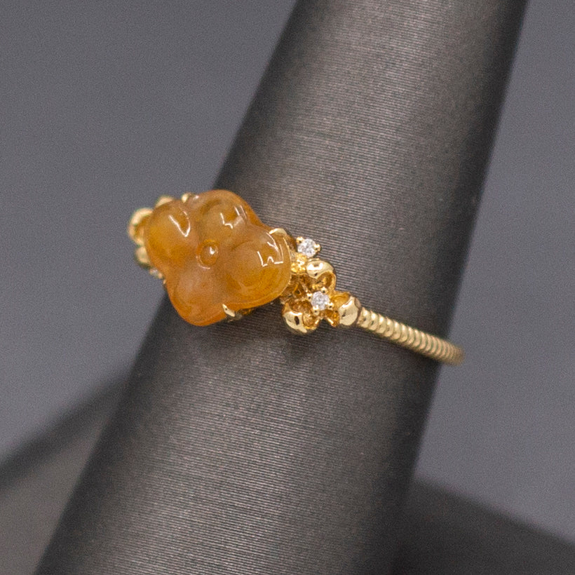 Petite Golden Jade Jadeite and Diamond Carved Flower Ring in 18k Yellow Gold