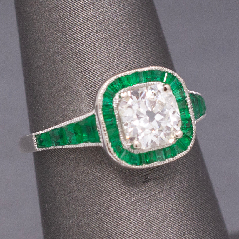 Vintage Old Mine Cut Diamond and Natural Emerald Engagement Ring in 14k White Gold
