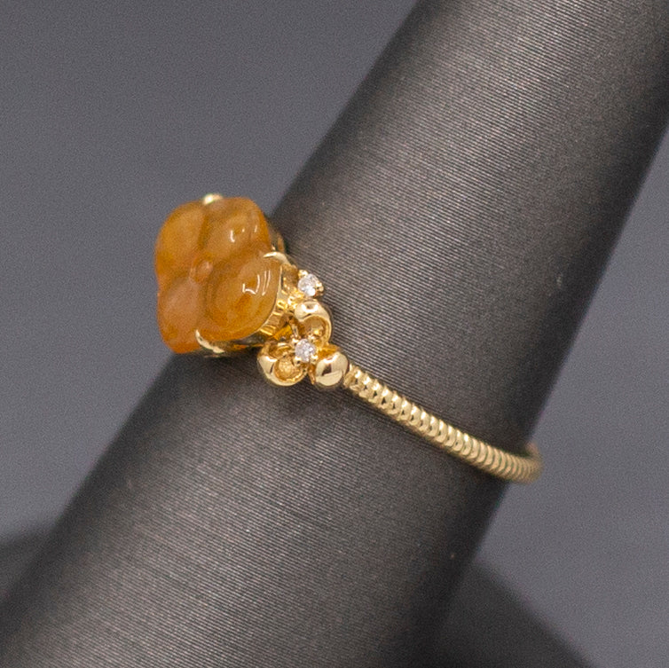 Petite Golden Jade Jadeite and Diamond Carved Flower Ring in 18k Yellow Gold