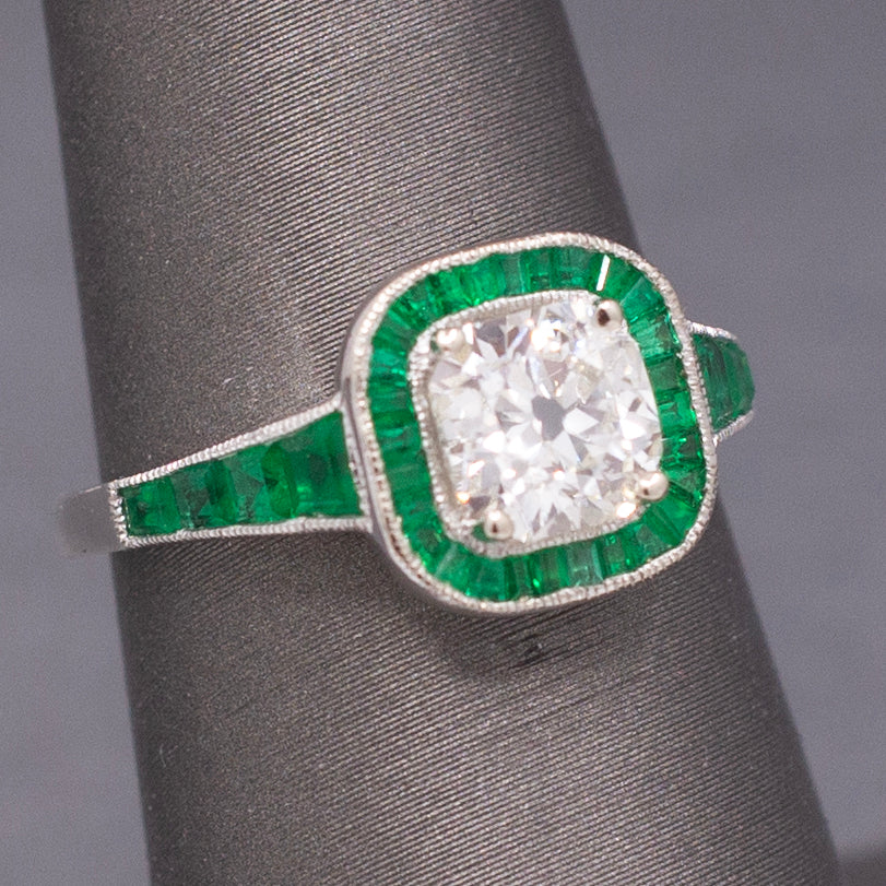 Vintage Old Mine Cut Diamond and Natural Emerald Engagement Ring in 14k White Gold