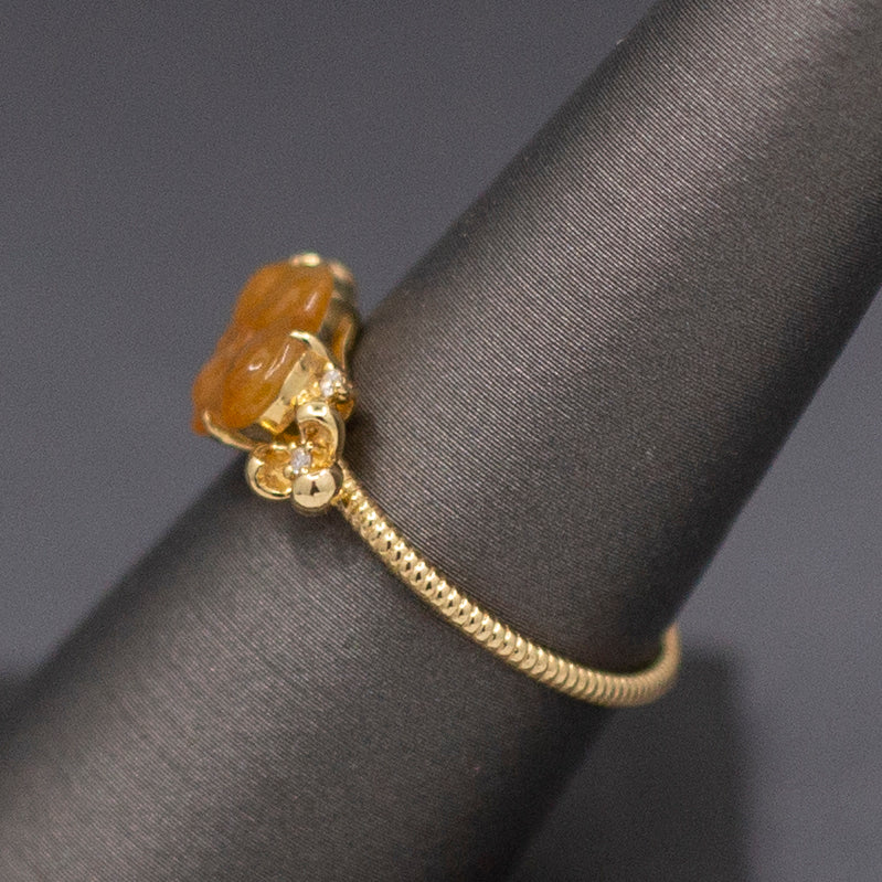 Petite Golden Jade Jadeite and Diamond Carved Flower Ring in 18k Yellow Gold