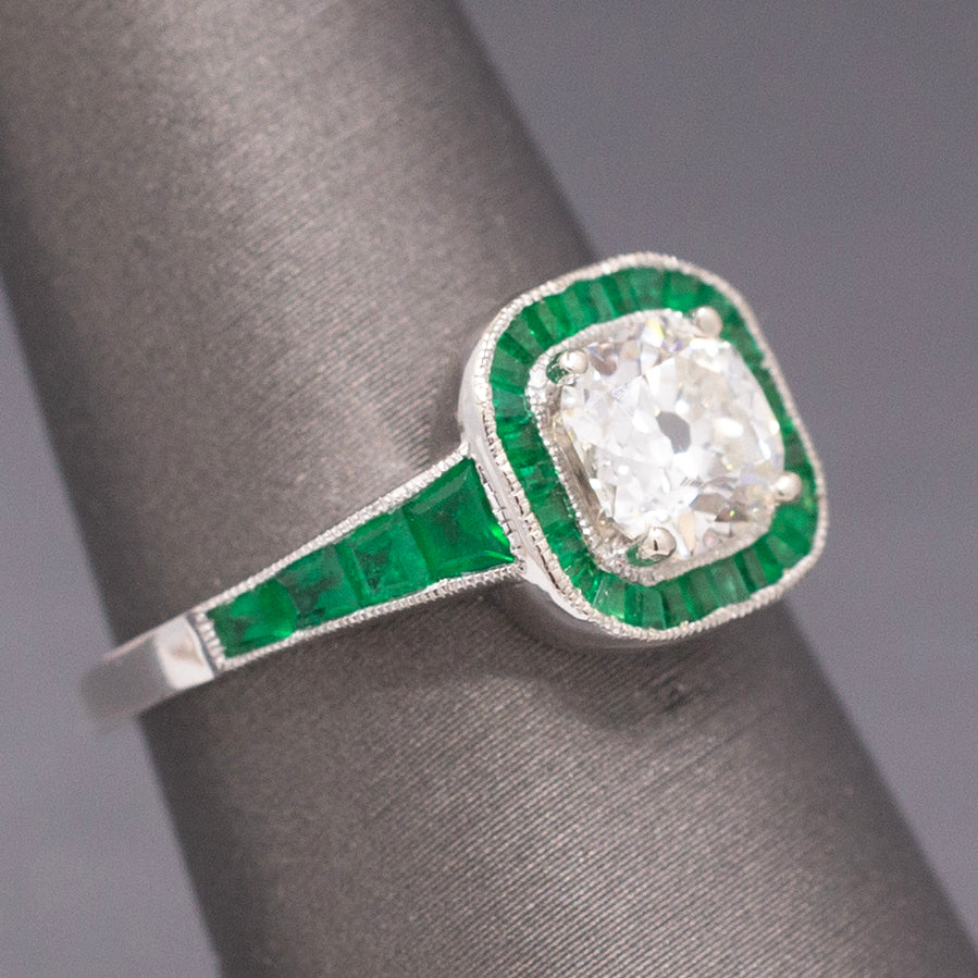 Vintage Old Mine Cut Diamond and Natural Emerald Engagement Ring in 14k White Gold