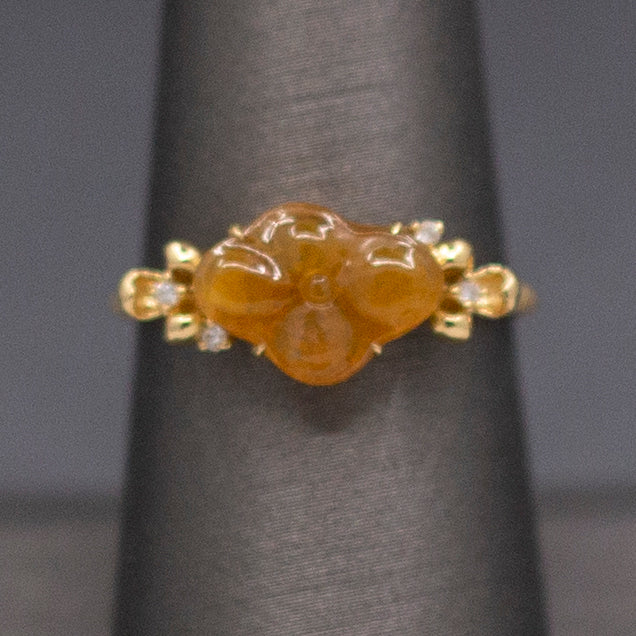 Petite Golden Jade Jadeite and Diamond Carved Flower Ring in 18k Yellow Gold