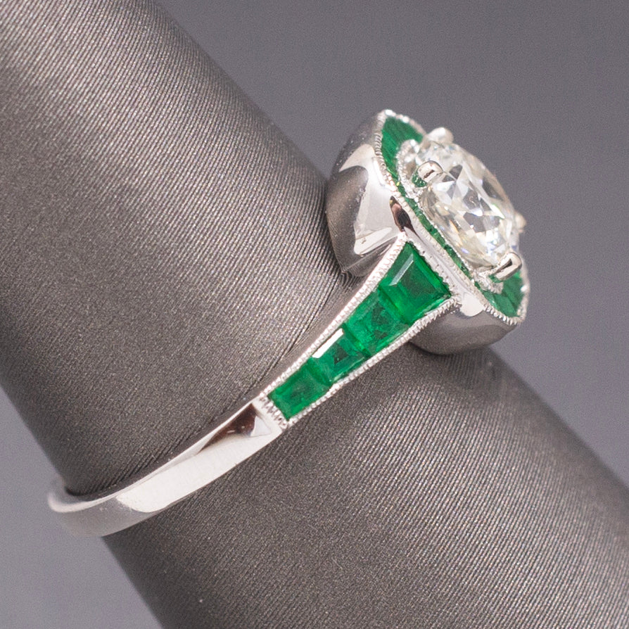 Vintage Old Mine Cut Diamond and Natural Emerald Engagement Ring in 14k White Gold