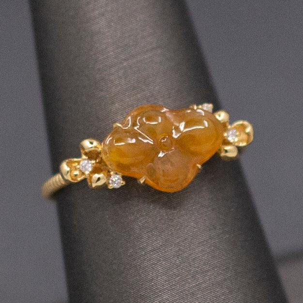 Petite Golden Jade Jadeite and Diamond Carved Flower Ring in 18k Yellow Gold