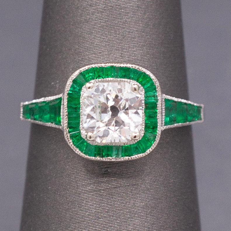 Vintage Old Mine Cut Diamond and Natural Emerald Engagement Ring in 14k White Gold