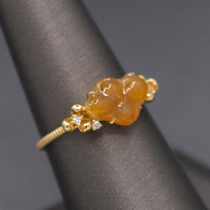 Petite Golden Jade Jadeite and Diamond Carved Flower Ring in 18k Yellow Gold