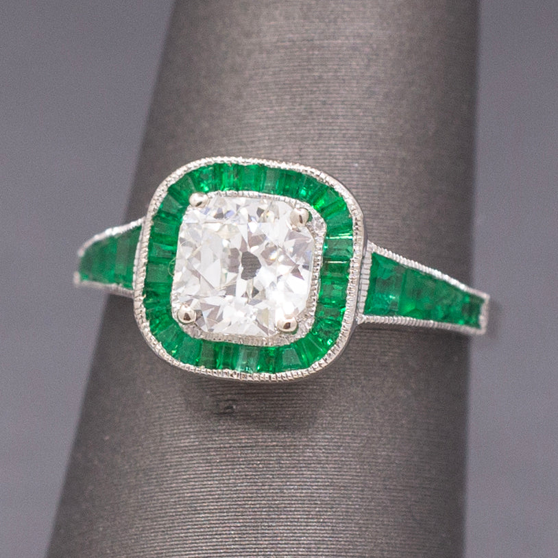 Vintage Old Mine Cut Diamond and Natural Emerald Engagement Ring in 14k White Gold