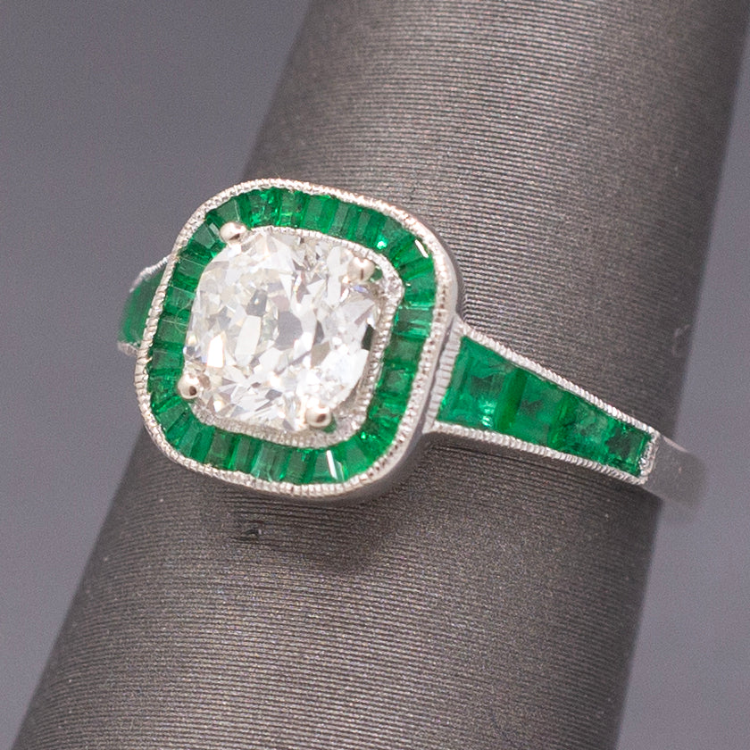 Vintage Old Mine Cut Diamond and Natural Emerald Engagement Ring in 14k White Gold