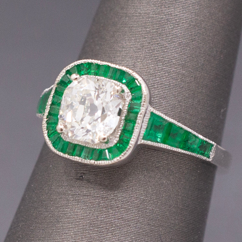 Vintage Old Mine Cut Diamond and Natural Emerald Engagement Ring in 14k White Gold
