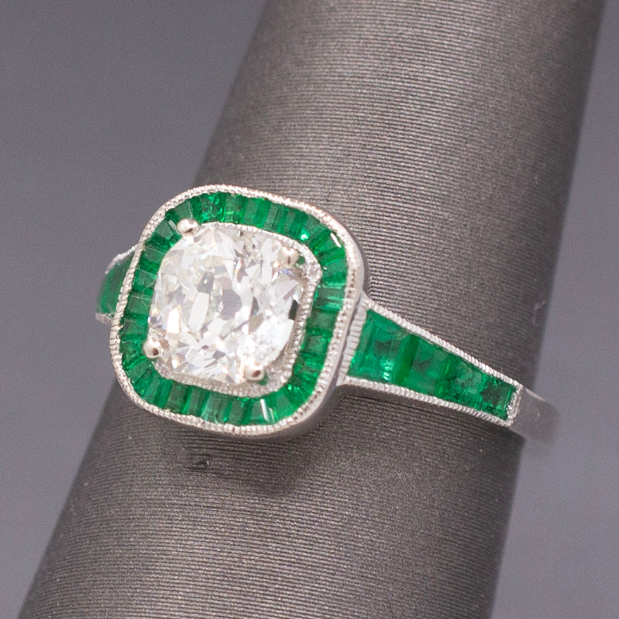 Vintage Old Mine Cut Diamond and Natural Emerald Engagement Ring in 14k White Gold