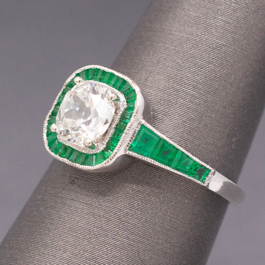 Vintage Old Mine Cut Diamond and Natural Emerald Engagement Ring in 14k White Gold