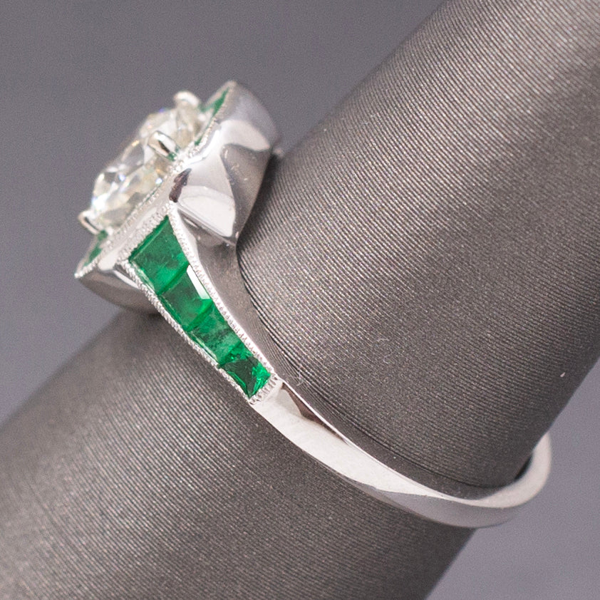 Vintage Old Mine Cut Diamond and Natural Emerald Engagement Ring in 14k White Gold