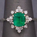 Fine Vintage Emerald Cut Natural Emerald and Diamond Ring in 14k White Gold