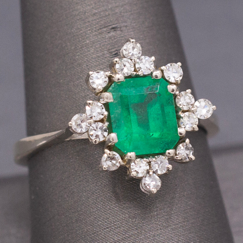 Fine Vintage Emerald Cut Natural Emerald and Diamond Ring in 14k White Gold