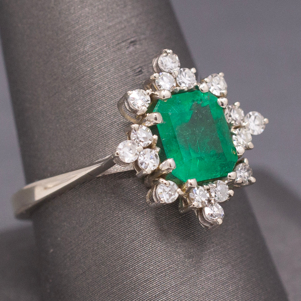 Fine Vintage Emerald Cut Natural Emerald and Diamond Ring in 14k White Gold