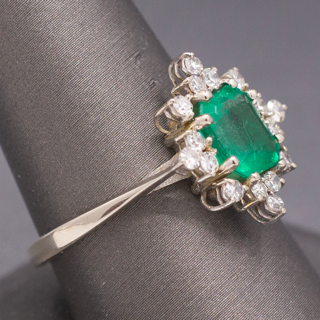 Fine Vintage Emerald Cut Natural Emerald and Diamond Ring in 14k White Gold