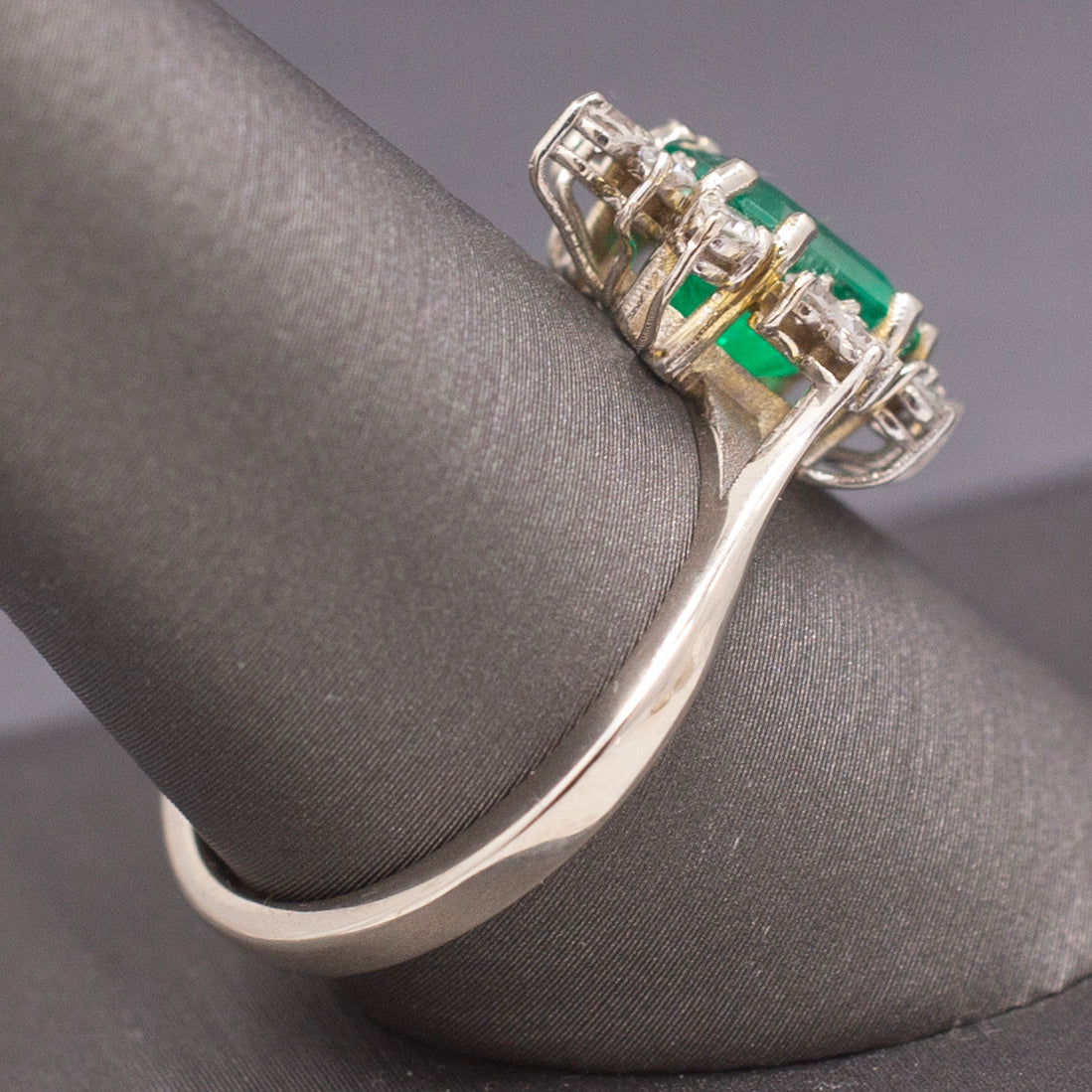 Fine Vintage Emerald Cut Natural Emerald and Diamond Ring in 14k White Gold